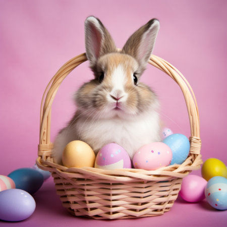 223409865 A Cheerful Easter Bunny Holding A Basket Of Eggs On A Pink And Purple Background